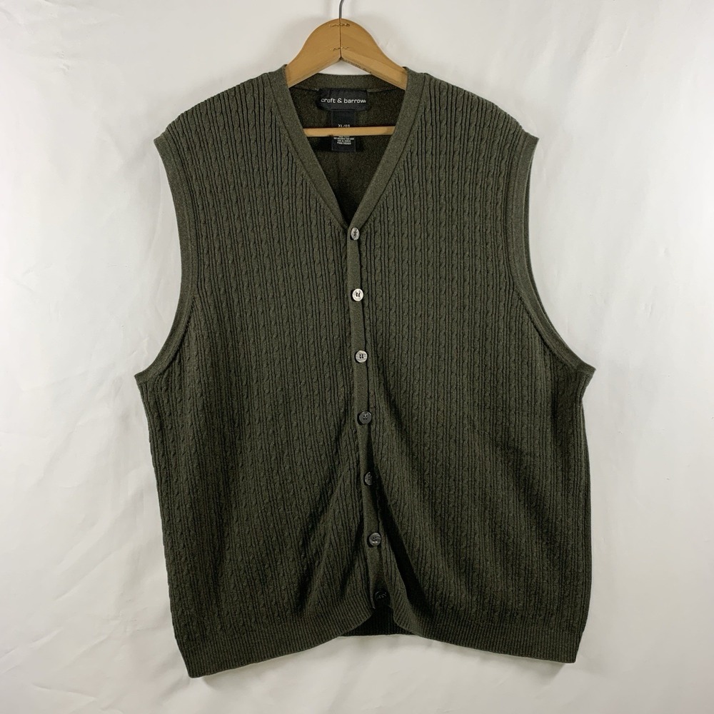 Academia Cotton Cable Knit Grandpa Cardigan Sweater Vest Size XL Olive Green
